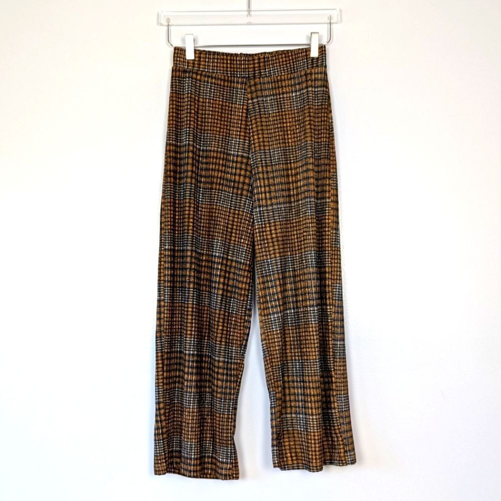 Zara Palazzo Pants Brown Plaid Wide-Leg Cropped Womens Small